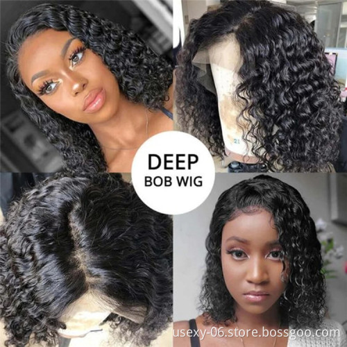 Hot selling virgin raw Indian hair curly closure frontal wig glueless full hd lace frontal short human hair deep wave wig